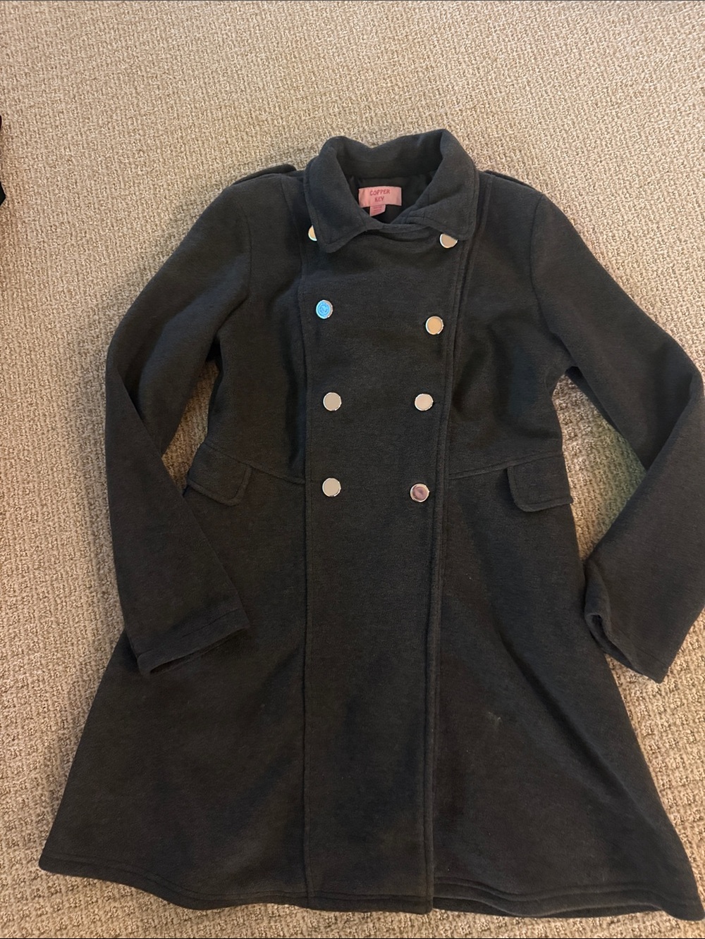 Girls Copper Key grey fleece pea coat long jacket sz 14/16